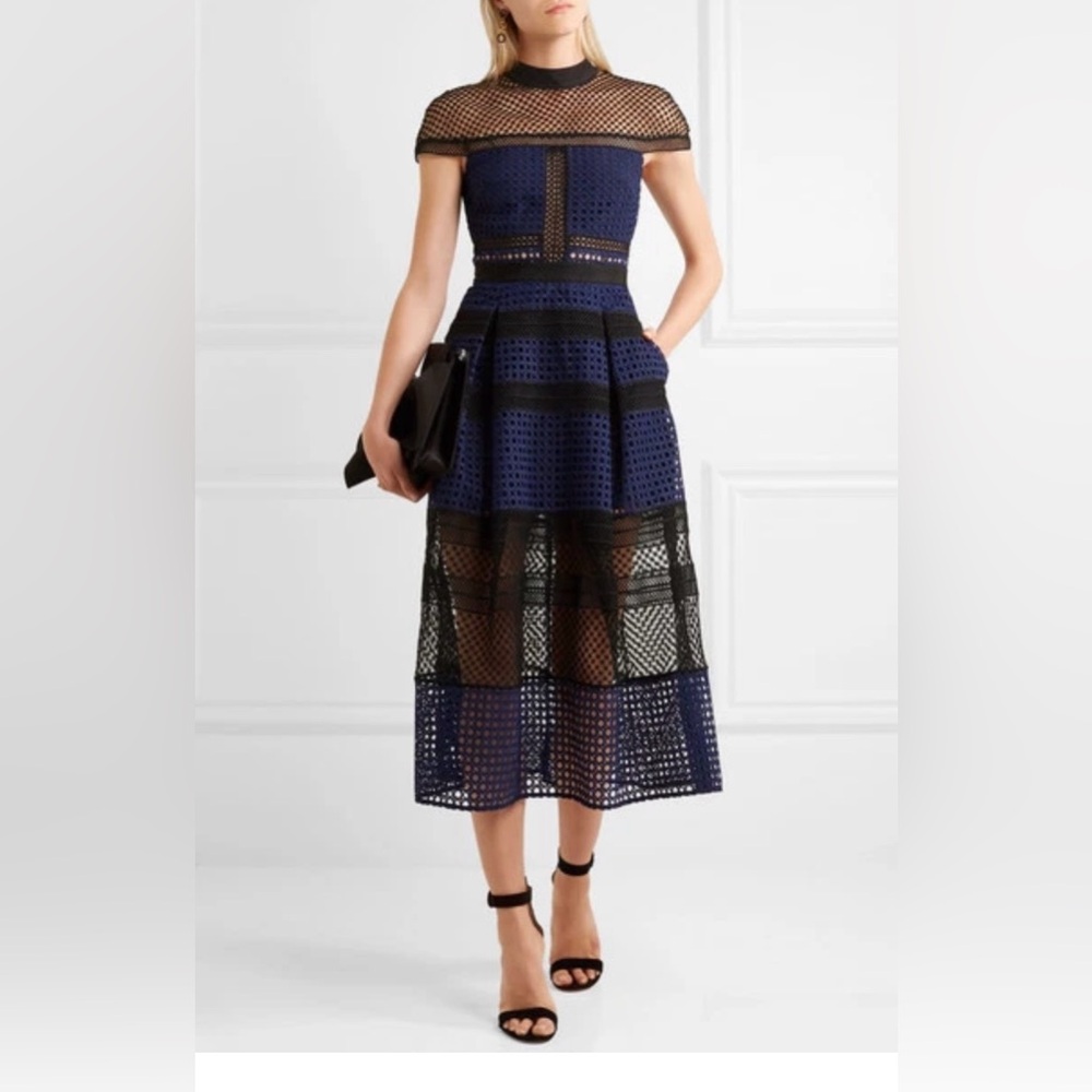 Self-Portrait Blue and Black Midi Dress